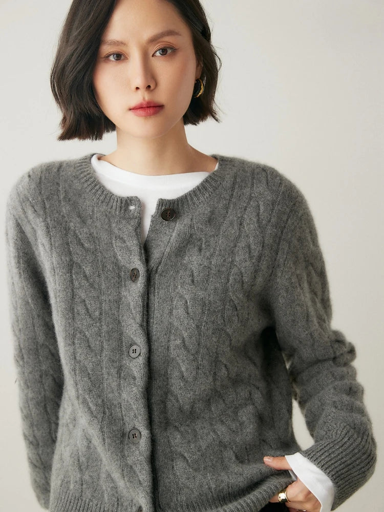 Luxury Women 100% Cashmere Sweater O-neck Cardigan Cable Knitting Thick Sweater Coat Autumn Winter Heavyweight Cashmere Clothes