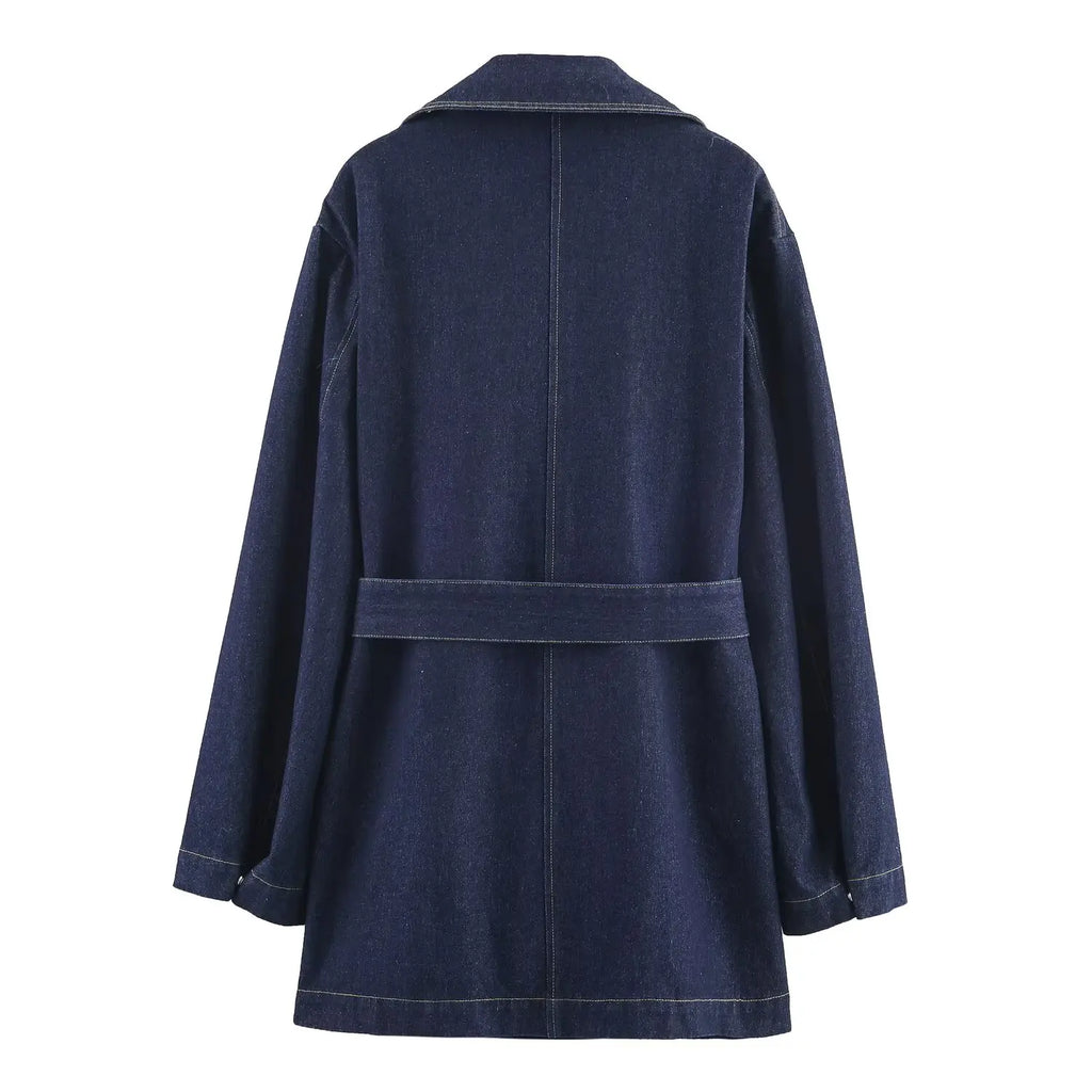 2025 New Women's Fashion Cinched Waist Denim Short Trench Coat Navy Blue Stand Collar Long Sleeve Elegant Ladies' Fashion Appare