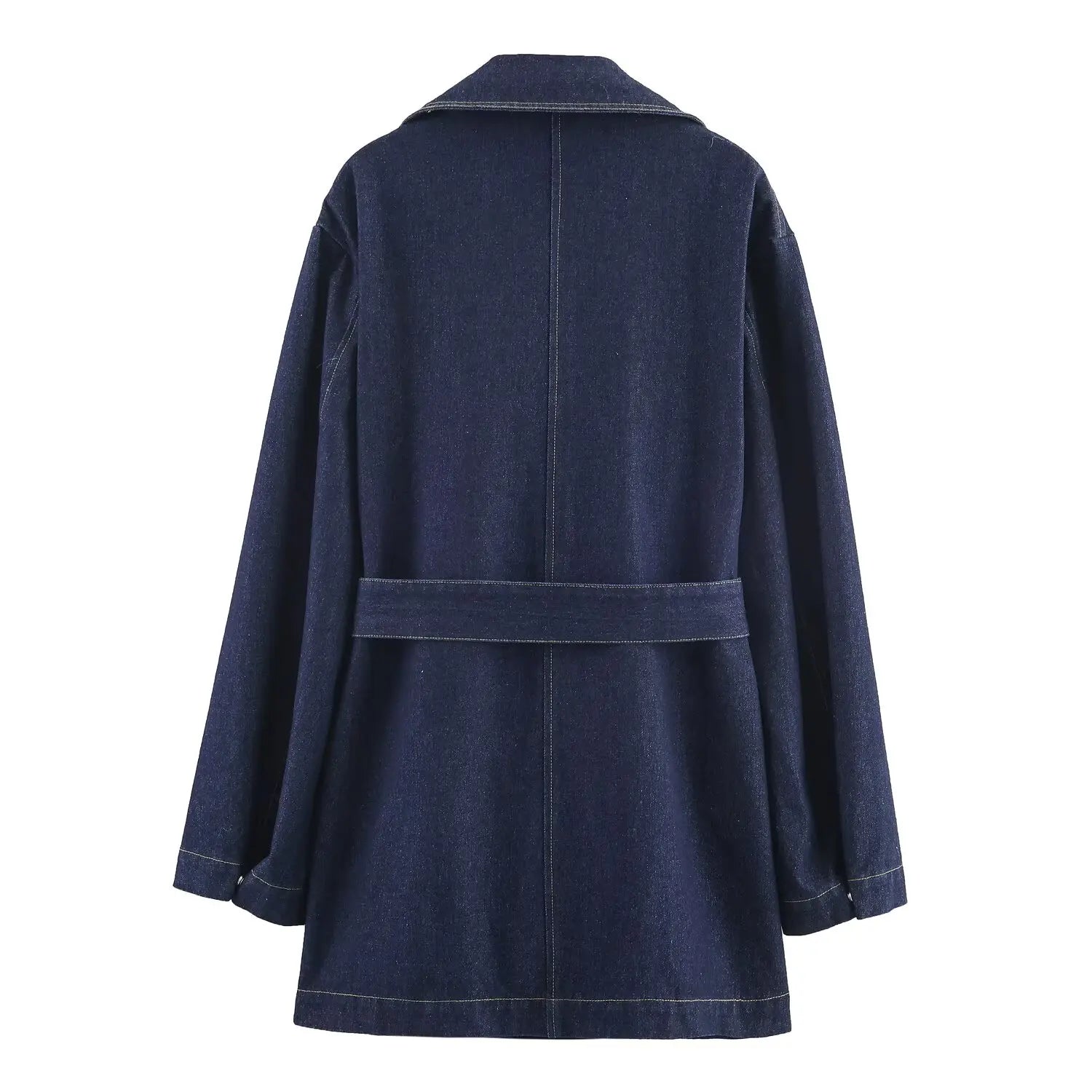 2025 New Women's Fashion Cinched Waist Denim Short Trench Coat Navy Blue Stand Collar Long Sleeve Elegant Ladies' Fashion Appare