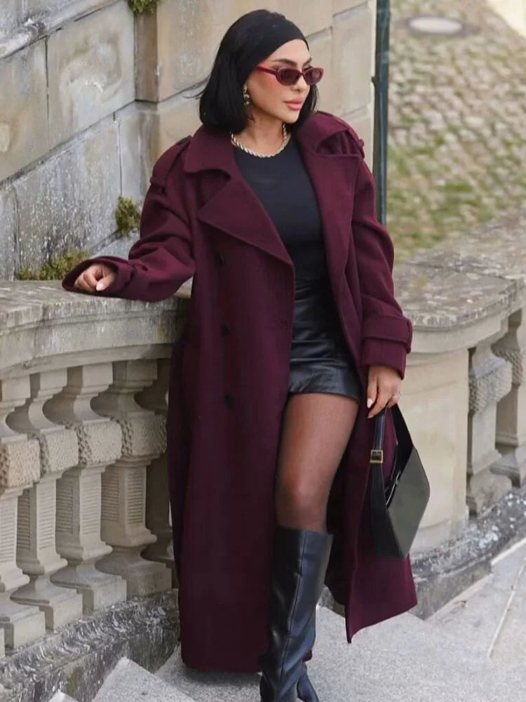 HH Winter Elegant Women Turn-Down Collar Long Coat Solid Long Sleeves Pocket Belt Double-Breasted Female Slim Windbreaker Coats