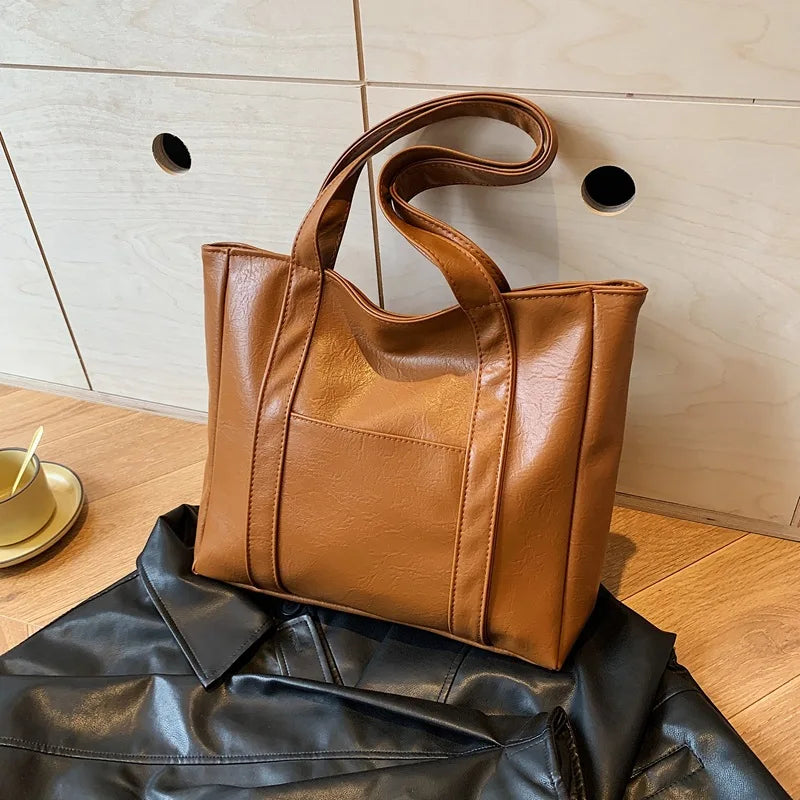 Simple Large Capacity Tote Bags for Women Retro Pu Leather Ladies Shoulder Bag Commuter Portable Girls Student Underarm Handbag