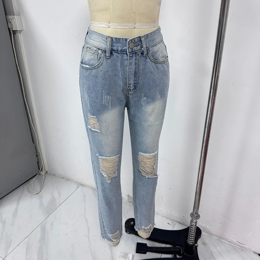 New Women's Slim Jeans Fashion Casual Ripped Denim Pants Spring Autumn Office Lady Work Trousers High-waisted Straight Jeans