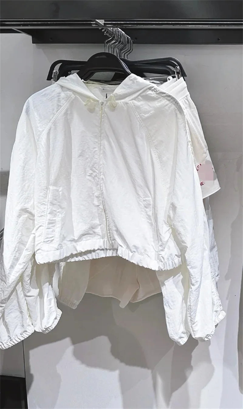 Women's Jacket 2025 Autumn New Arrival White Long Sleeve Simple Style Nylon Short Sports Hooded Top Jacket Casual Fashion