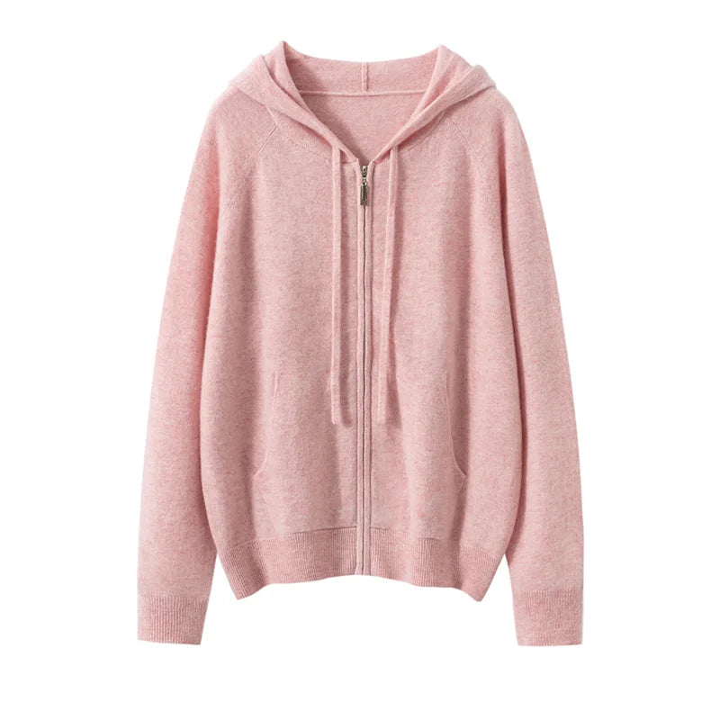 New Women 100% Cashmere Sweater Hooded Zipper Cardigan Cashmere  Autumn Winter Soft Long Sleeve Casual Simple Style Clothing Top