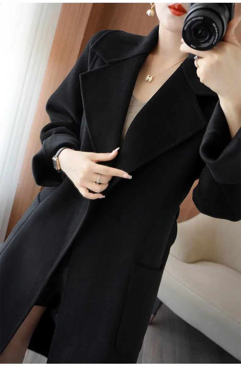 2024 Women's Wear 100% Wool Coat Autumn/Winter Fashion Temperament Double sided Cashmere Coats with Belt Elegant Long Overcoat