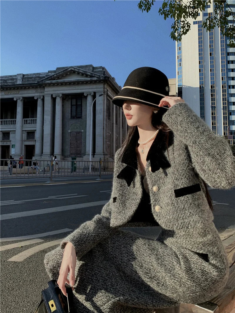 Winter Outfit Women 2024 New Elegant Lady Thickened 2 Pieces Sets Women Sweet Fashion Short Coat High Waist Long Skirt Suits