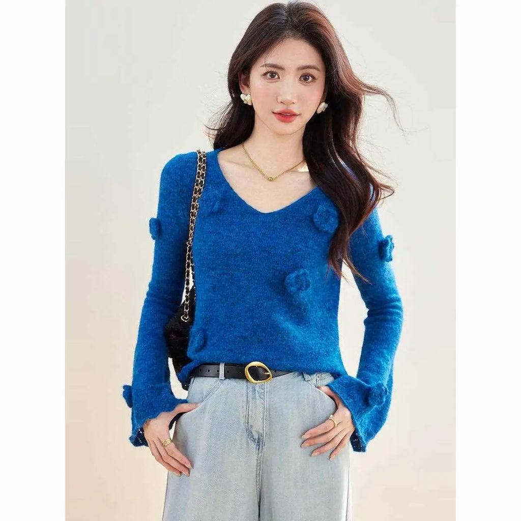 Women Clothes Spring Autumn Fashion Korean Solid Color V-neck Knitting Femme All-match Appear Thin Pullovers Soft Knitwear Tops