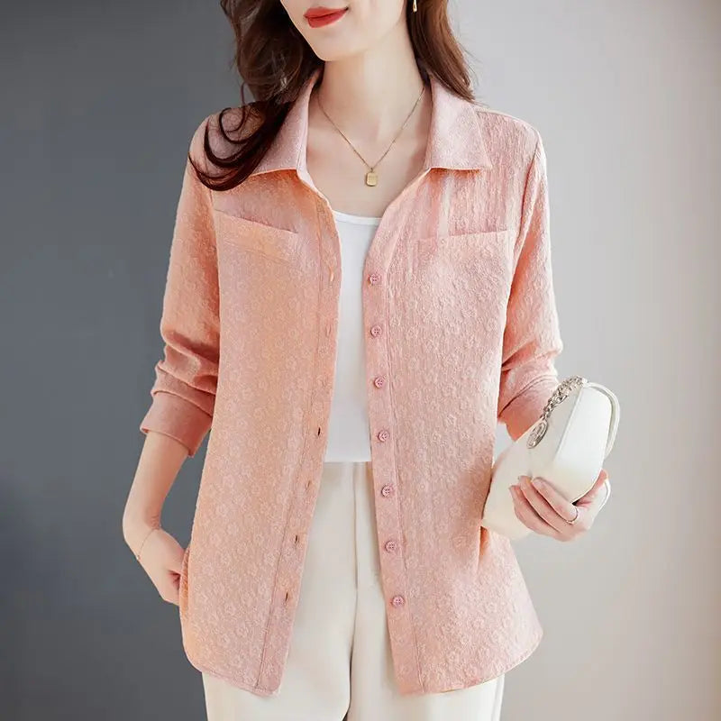 Long-sleeved Shirt for Women Autumn New Fashion Casual Versatile Jacket Fashionable Jacquard Lapel Belly-reducing Top Trendy