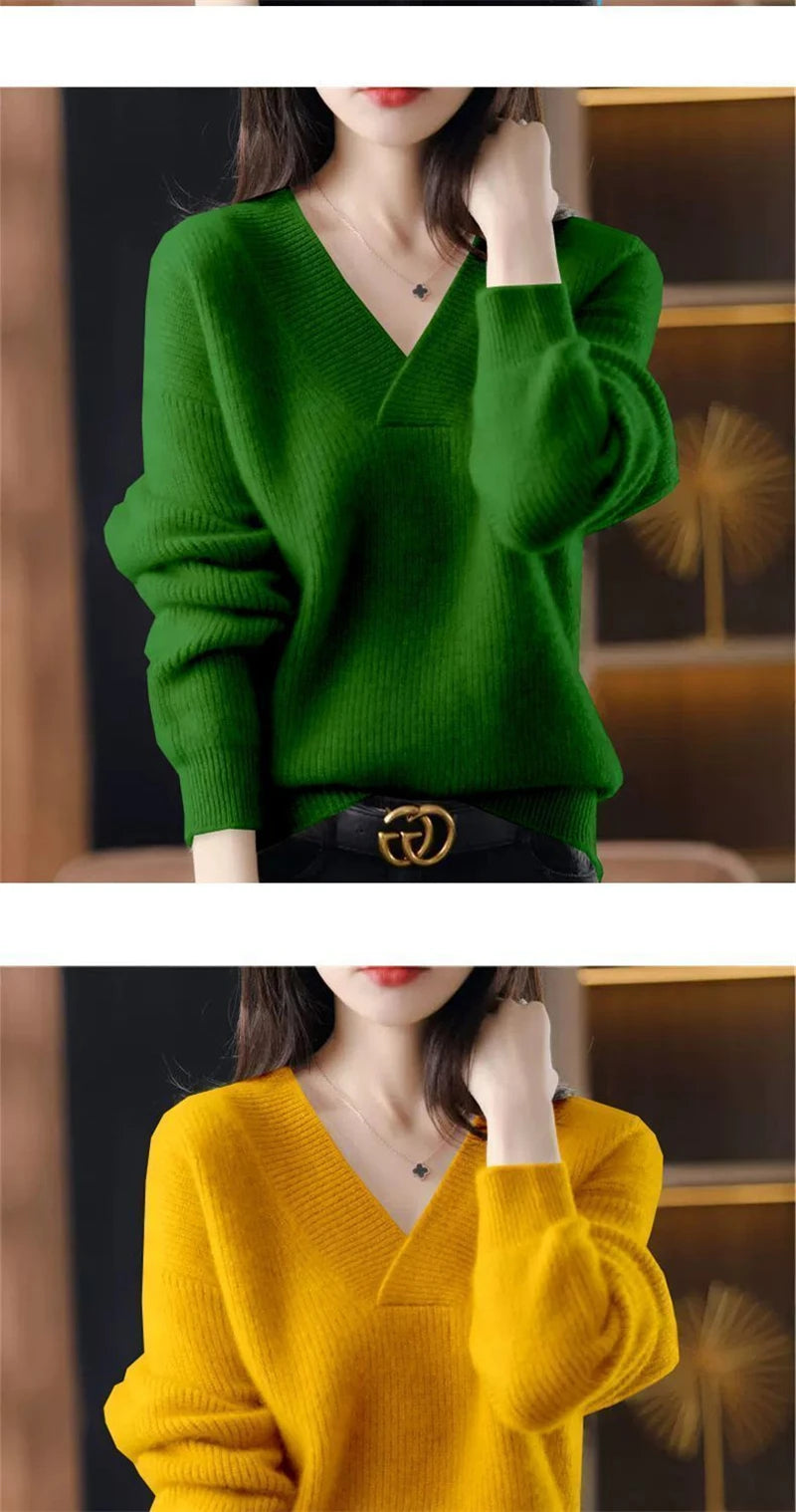 Cashmere Sweater Women's 100% Wool Sweater Fashion V-neck Knitted Pullover 2024 Winter and Autumn New Loose Solid Soft Sweater