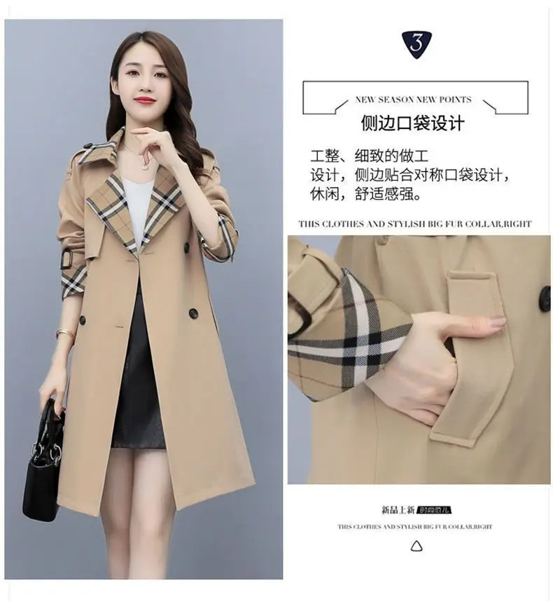 Women Trench Coat 2024 Spring New Style Lapel Collar Khaki Double Breasted Button Office Lady Windbreaker Coat