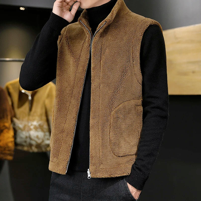 Winter Lamb Wool Vests Men Warm Coat Fashion Casual Thick Stand Collar Sleeveless Jacket Can Be Worn On Both Sides Waistcoat Man
