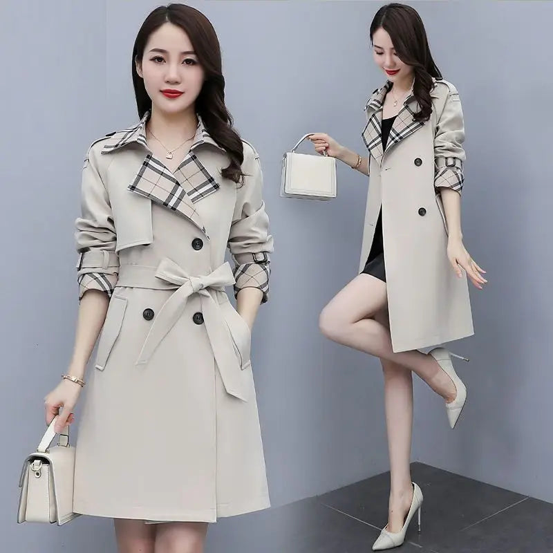 Women Trench Coat 2024 Spring New Style Lapel Collar Khaki Double Breasted Button Office Lady Windbreaker Coat