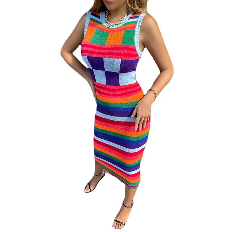 women's clothing  autumn/winter new fashionable contrasting color Christmas sweater long slim fit wrapped buttocks knitted dress