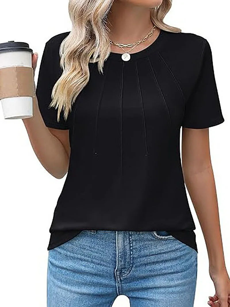 Women's Clothing European American T-shirt Tops Tees spring summer women's round neck pleated short sleeved solid color T-Shirts