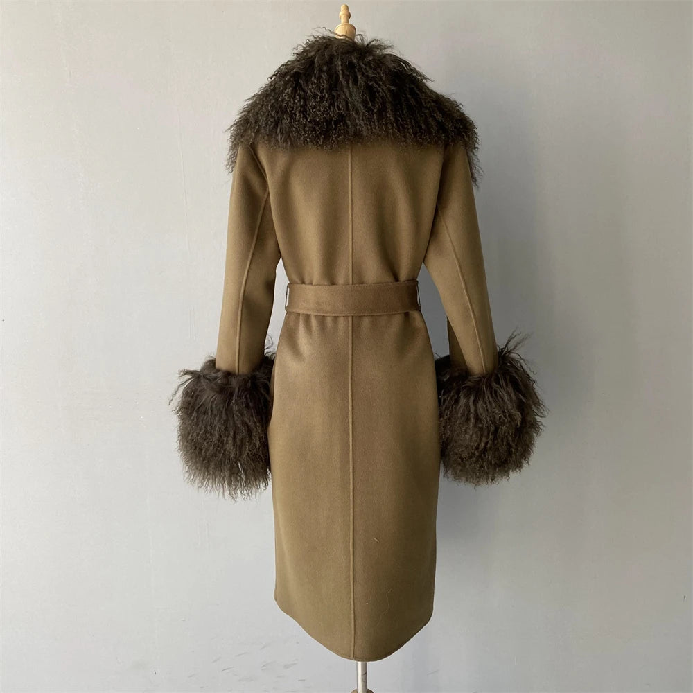 Women Cashmere Wool Coat With Real Mongolian Sheep Fur Collar  Ladies Autumn Winter Fashion Long Outwear Full Sleeve Fur Jacket