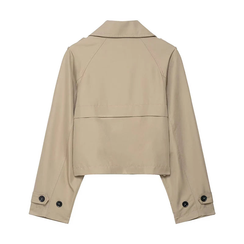 Women's Short Trench Fashion Double Breasted Turn-down Collar Long Sleeve Trench Coats Vintage Ladies Jacket Outerwear