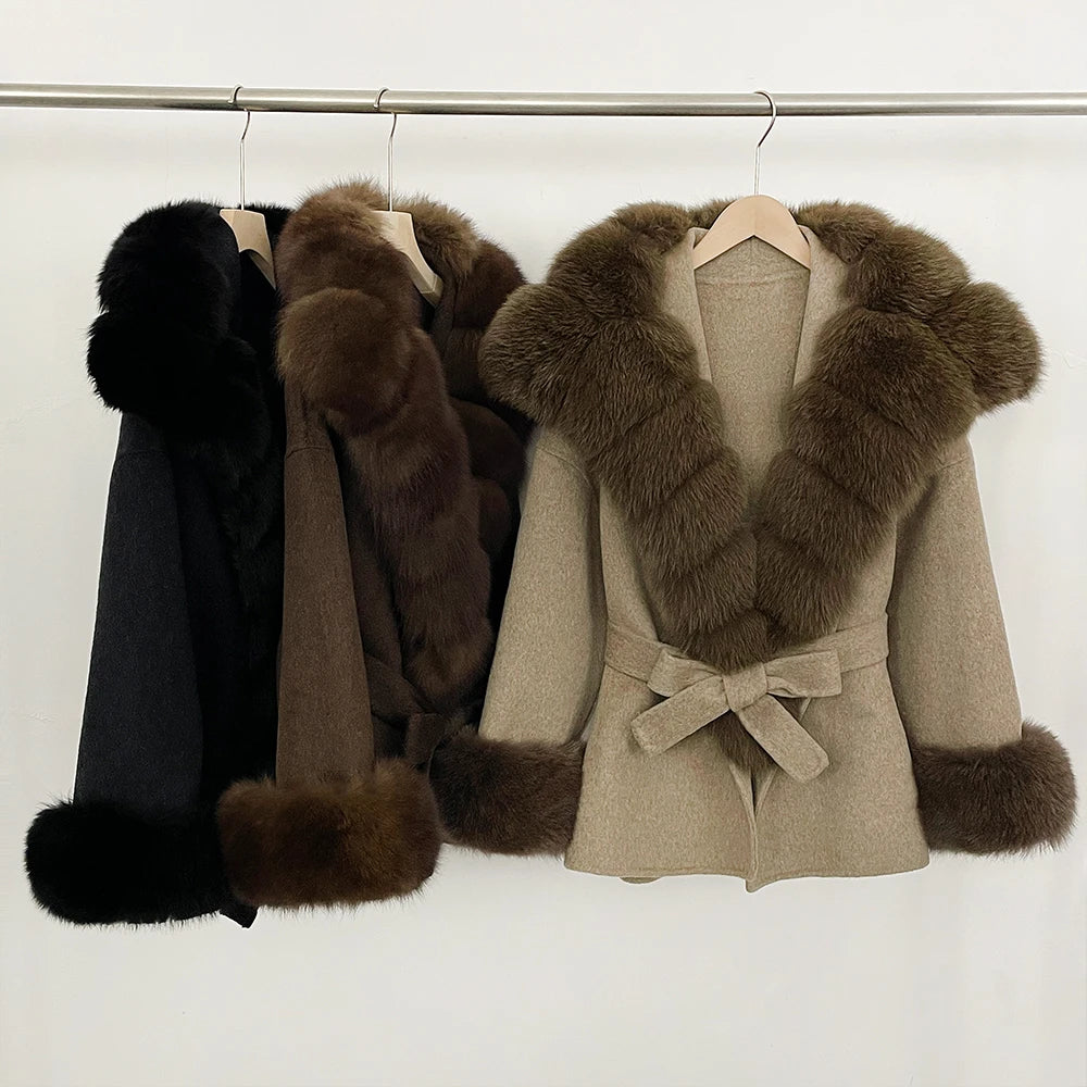 Wool Coat Women Woman New Fashion Winter Autumn Real Fur Jacket Luxury Real Fox Fur Coats Ladies Belt Design Woolen Outwear