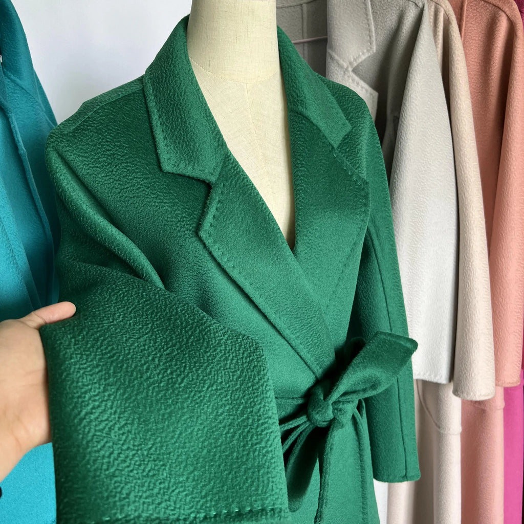 Cashmere Coat Female Winter Mid-Length Corrugated Coat Black Wool Coat Woman Autumn New Casual Fashion Red Beige Lace-Up Coat