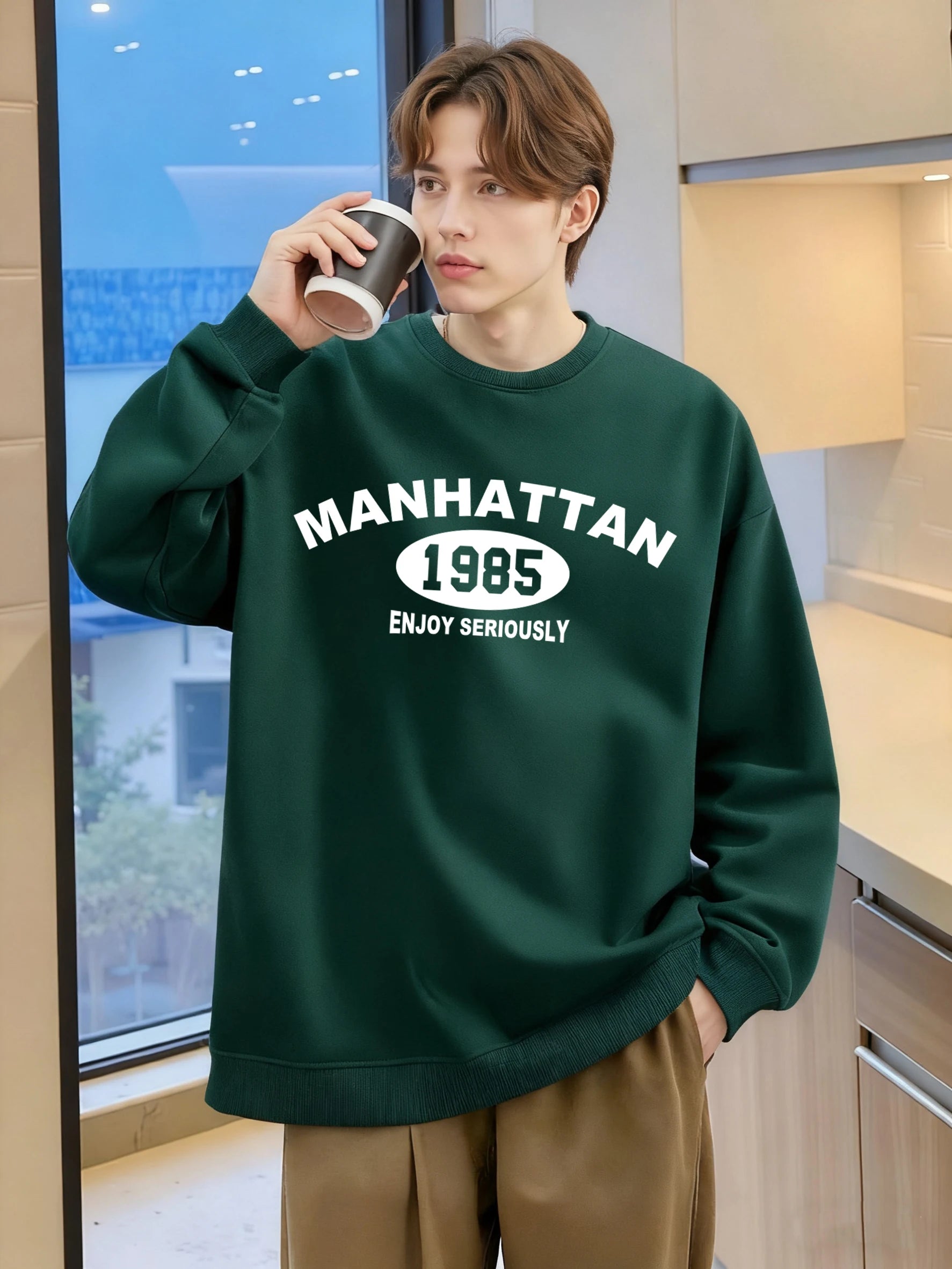 Manhattan 1985 Enjoy Seriously Print Sweatshirt For Men Soft Vintage Pullovers Casual Oversize Clothes Autumn Unisex Retro Top