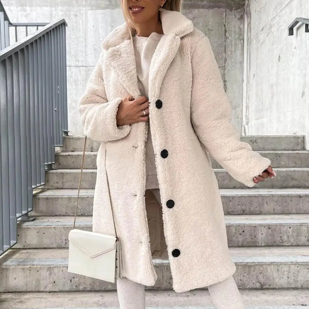 Trendy Women Overcoat Autumn Winter Women Trench Coat Long Style Pure Color Single-breasted Teddy Jacket  Windproof