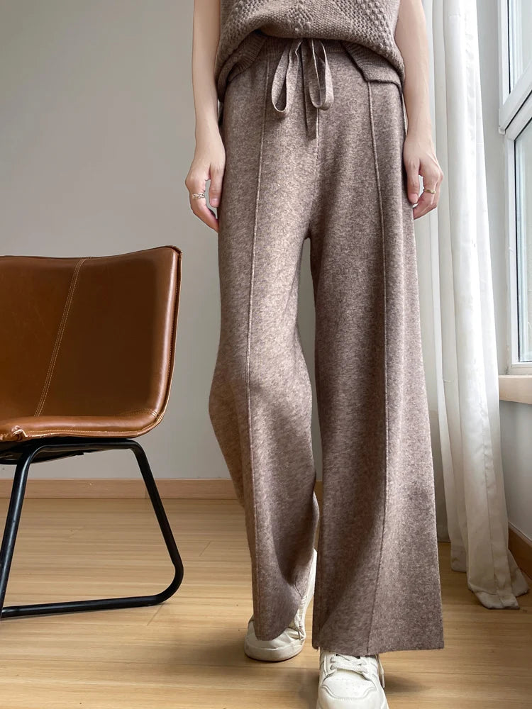 2024 Women's Cashmere Pants Sports Pants Women's Autumn and Winter High Waist Drawstring Warm Pants Knitted Cashmere Warm Pants