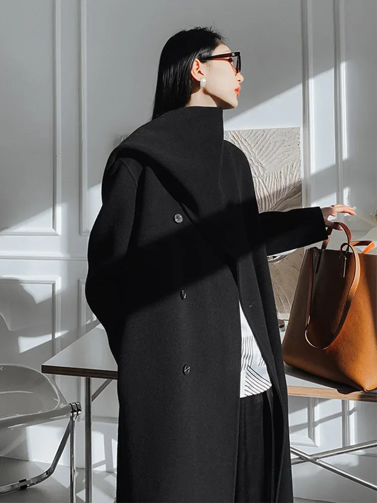 New Hand-sewn Cashmere Wool Coat Women New Mid-length Big Scarf Collar Loose Lace-up Warm Double-sided Wool Coat Fashion Winter