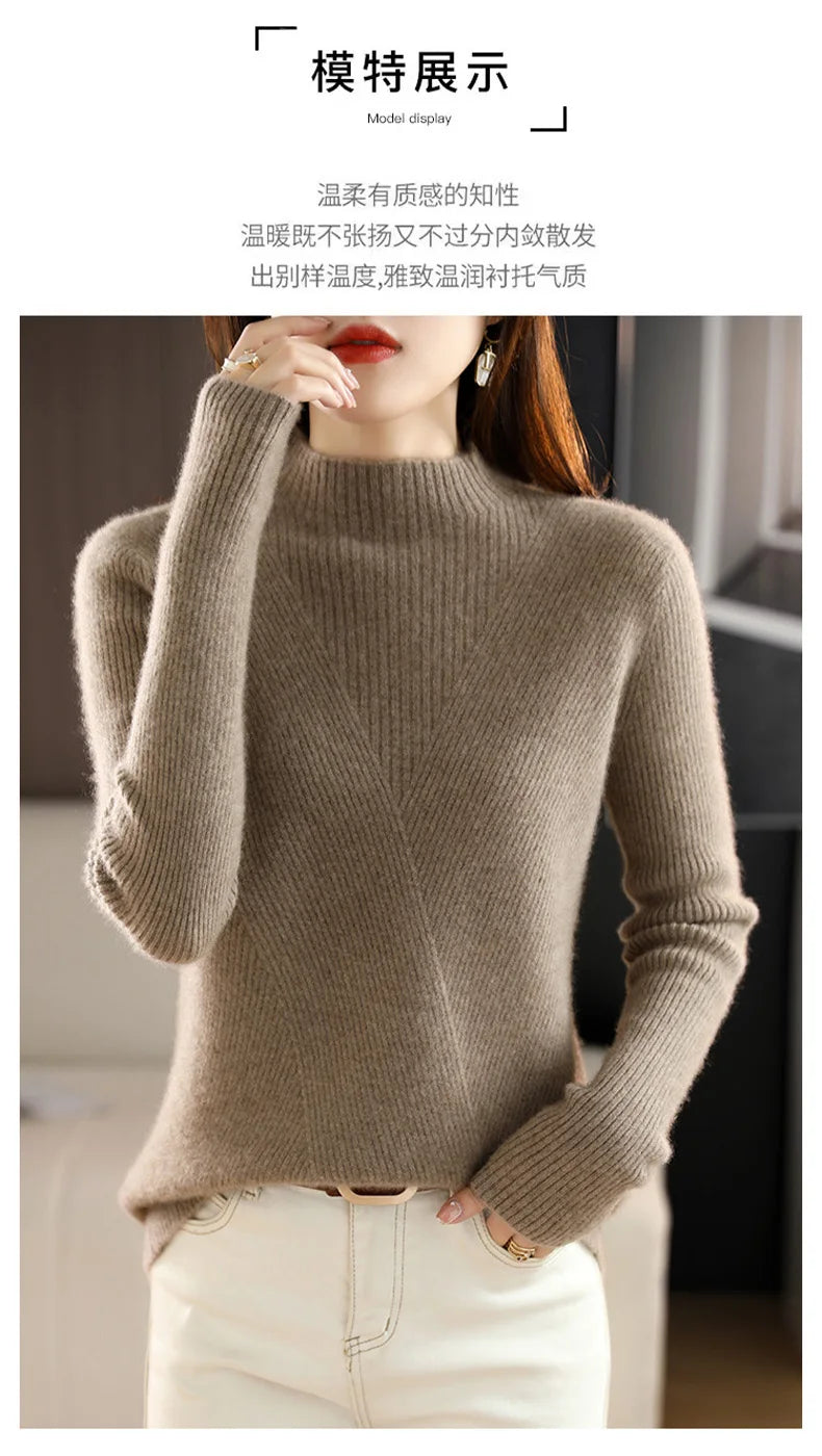 Cashmere Sweater Women Pure Color Half high collar Casual Long-sleeved Loose Pullover Cashmere Sweater Women's
