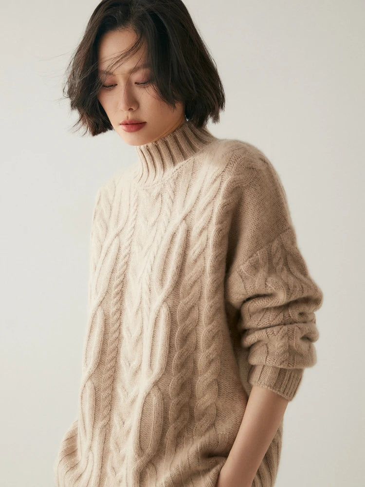 Women 100% Cashmere Sweater Mock Neck Pullover Cable Knitting Vintage Loose Style Thickened Cashmere Knitwear Autumn Winter Tops