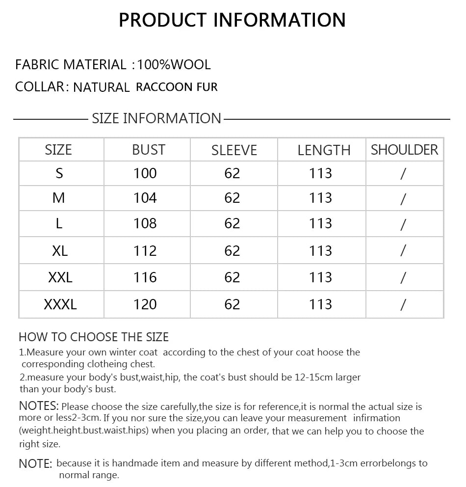 Cashmere Wool Coat For Women Raccoon Fur Coat Long Cashmere Fur Jacket With Real fur Collar Cuffs  Black Genuine Woolen Coats