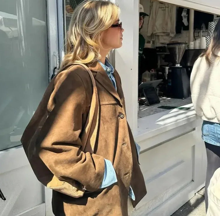 2024 Autumn Winter Woomen Suede Jacket With Lapel Woman Casual Single Breasted Pocket Long Sleeve Short Coat Street Overcoat