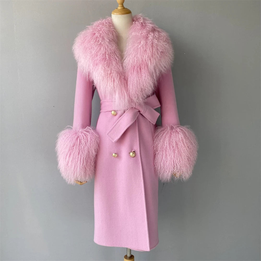Women Cashmere Wool Coat With Real Mongolian Sheep Fur Collar  Ladies Autumn Winter Fashion Long Outwear Full Sleeve Fur Jacket