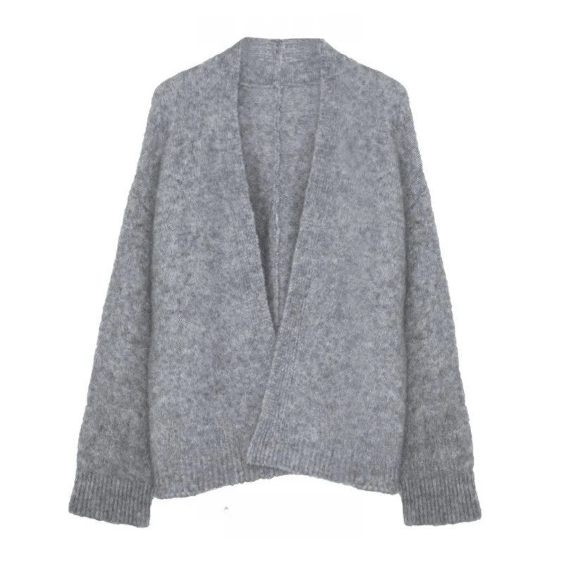 BAHTLEE-Women's Mohair Cardigan Knitted Sweater V-Neck Solid Long Sleeves Coat Keep Warm