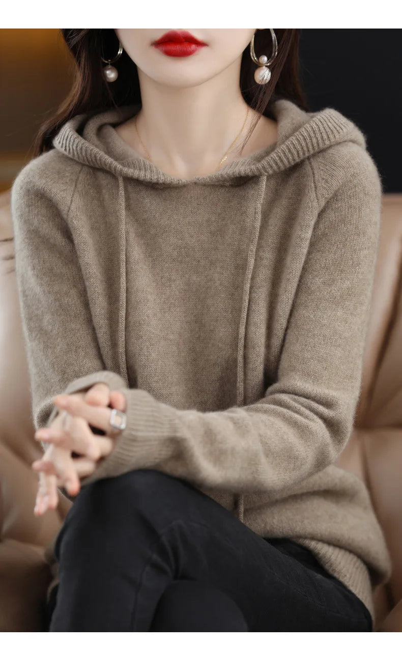 Cashmere Hooded Sweater Women Autumn Winter Long Sleeve Solid Color Knitted Hoodies Lady Loose Drawstring Casual Pullover Hoodie