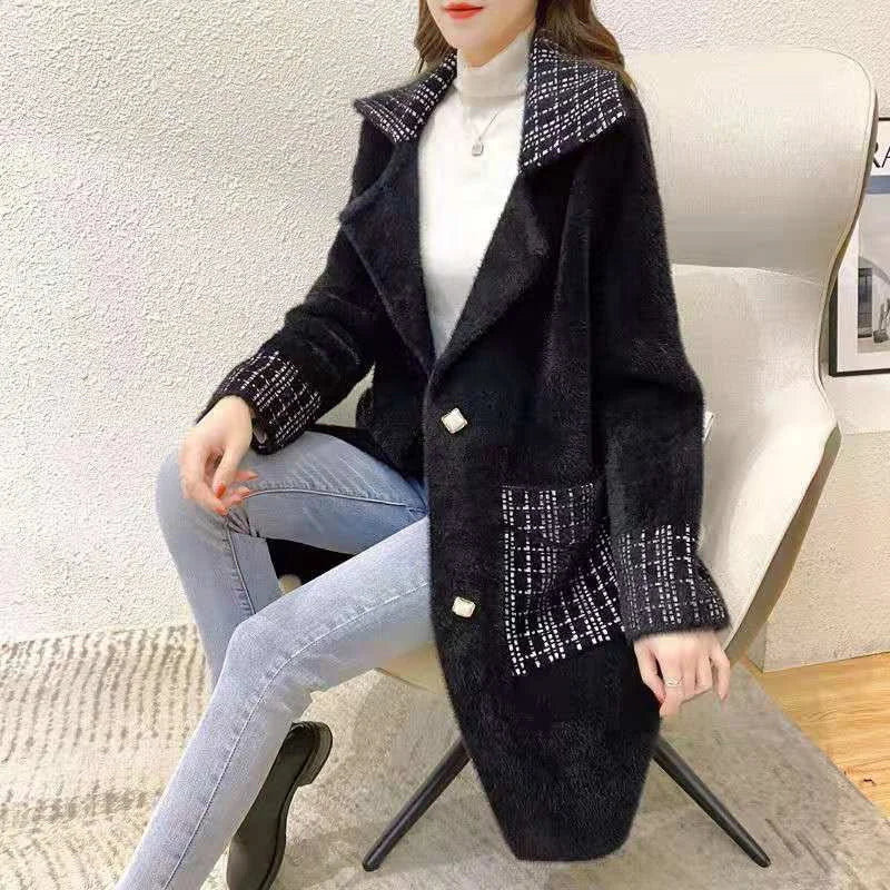 Woolen Coat Women New Autumn Winter Korean Trend Ladies Imitation Mink Velvet Jacket Simple Mid-Length Female Thickened Top Coat