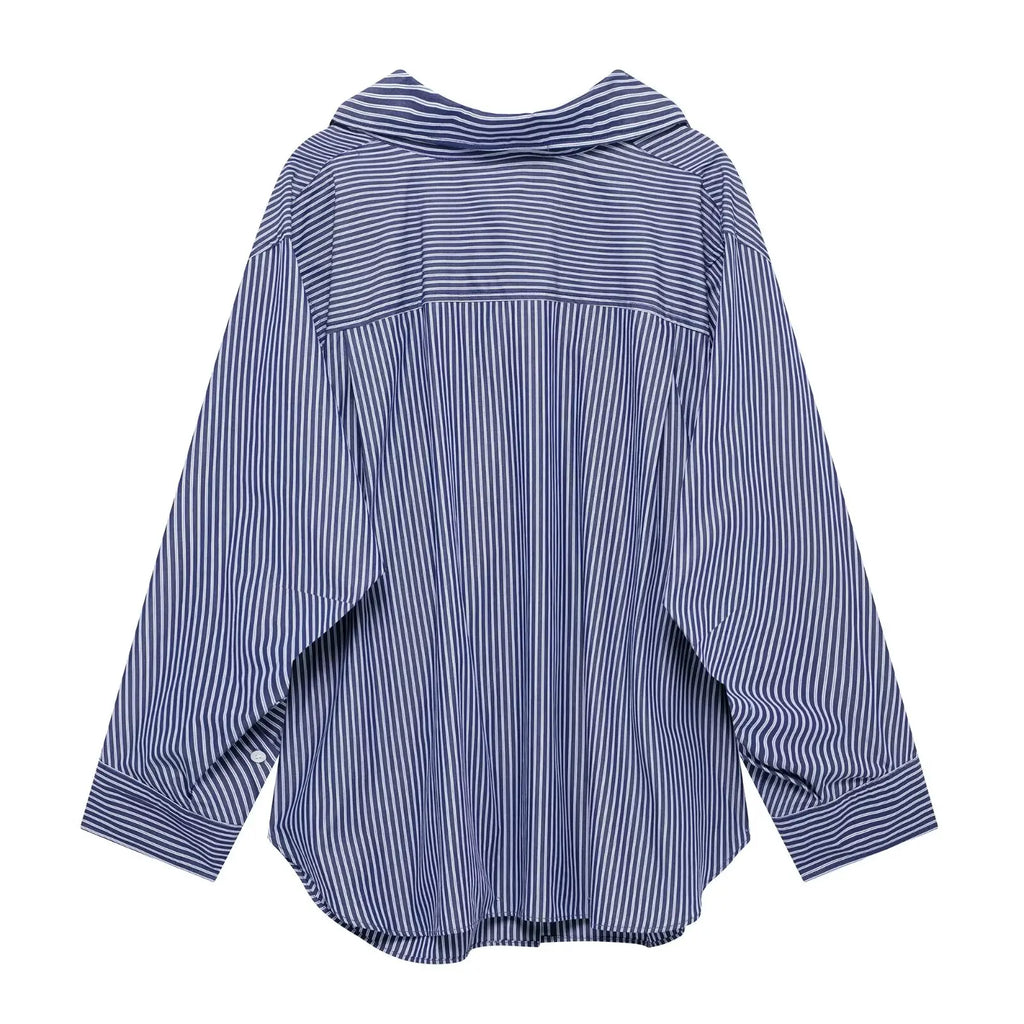 HH Women Elegant Commuter Shirt Splicing Loose Striped Single-breasted Lapel Blouse Female Spring Casual Long-sleeved Top