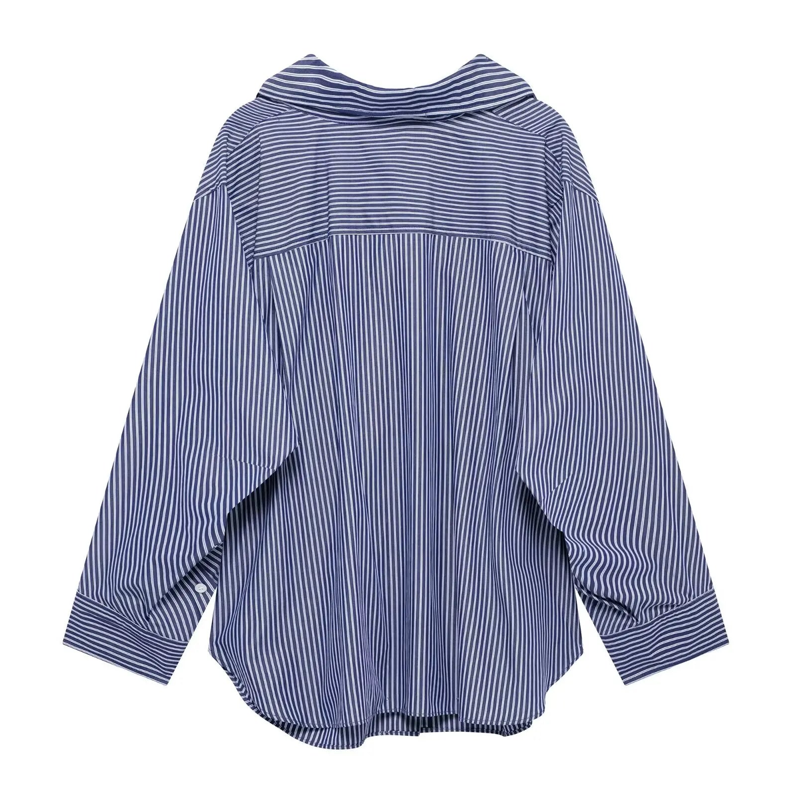 HH Women Elegant Commuter Shirt Splicing Loose Striped Single-breasted Lapel Blouse Female Spring Casual Long-sleeved Top