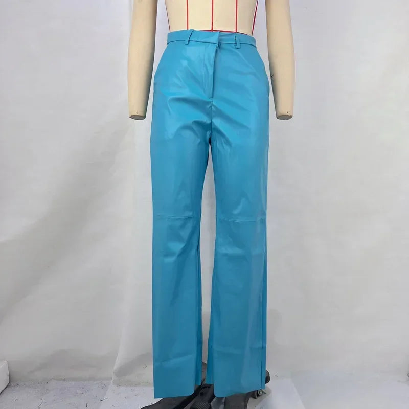 Women's Trousers Spring Fashion PU Leather Mid High Waist Lifting Hip Straight Leg Casual Women's Pants