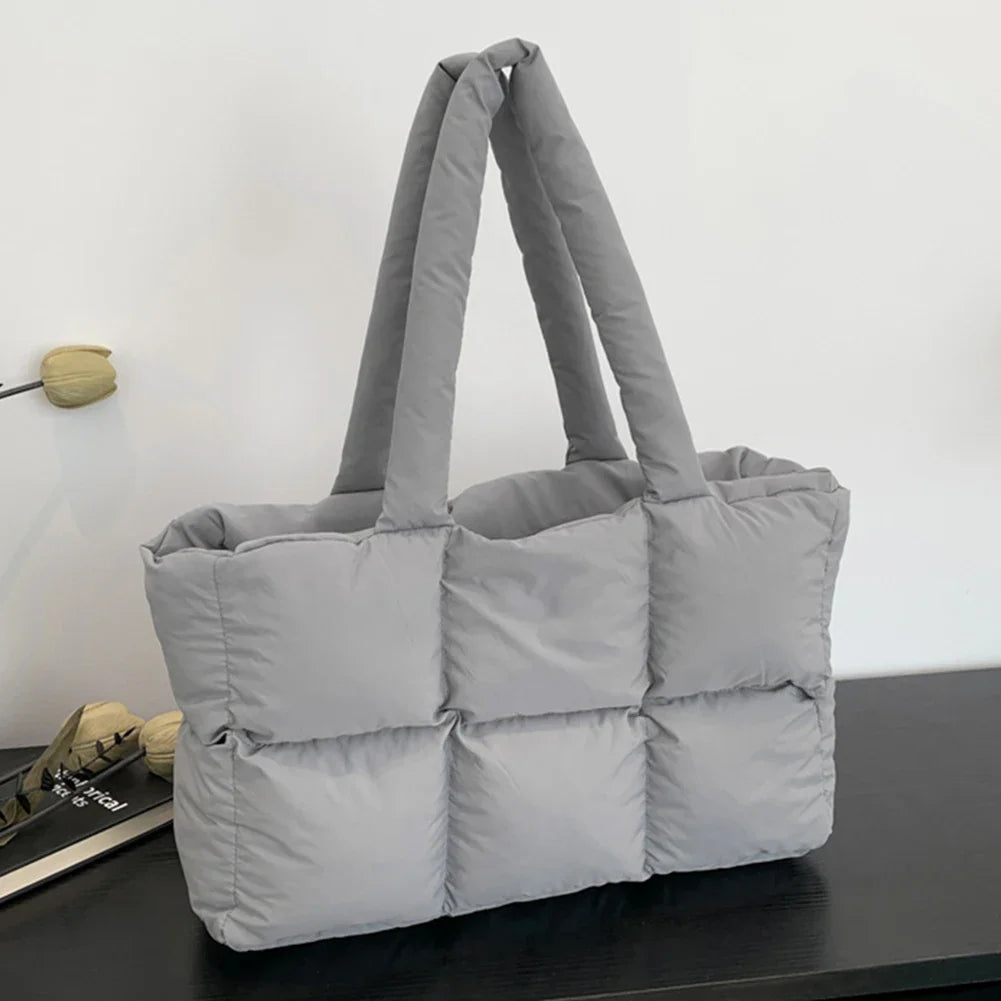 Women Padded Handbag Solid Color Quilted Single Shoulder Bag Large Capacity Soft Cloud Tote Bag Trendy Commuting Bags