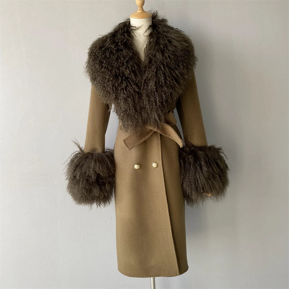 Women Cashmere Wool Coat With Real Mongolian Sheep Fur Collar  Ladies Autumn Winter Fashion Long Outwear Full Sleeve Fur Jacket