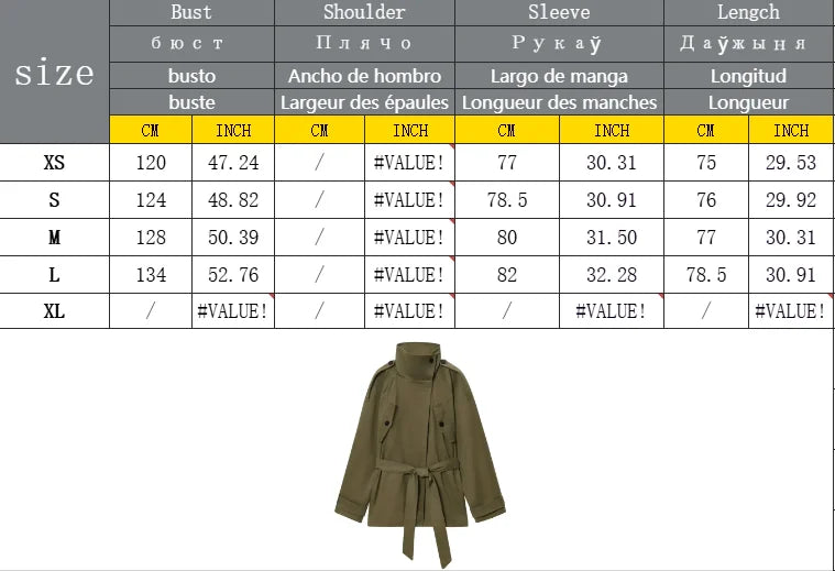 Women's 2025 Autumn New Trench Coat Style Army Green Long Sleeve Cotton Belt Decorative Trench Coat Casual Versatile jacket