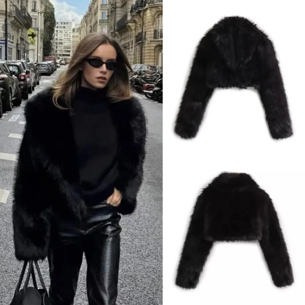 Black Faux Fur Coat for Women Autumn Winter Plush Wool Coats Black Wool & Blends Coats Outerwears Long Sleeve Warm Fur Coat