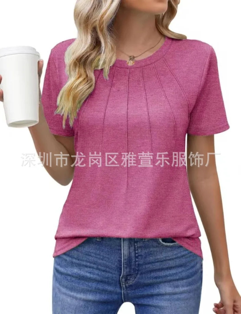 Women's Clothing European American T-shirt Tops Tees spring summer women's round neck pleated short sleeved solid color T-Shirts