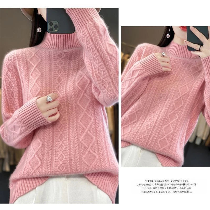 2024 New Women Autumn Winter Sweater Thick 100% Merino Wool Turtleneck Casual Cashmere Knitwaer Pullover Korean Fashion Tops