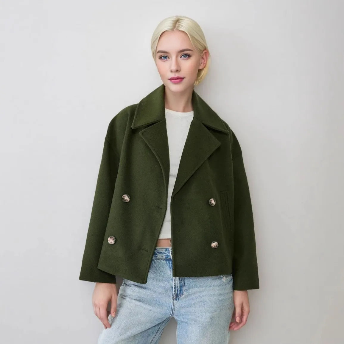 Women Wool Coats Elegant Short Coat Double Breasted Long Sleeve Jackets Blends Solid Casual Pockets Jacket Office Lady Autumn