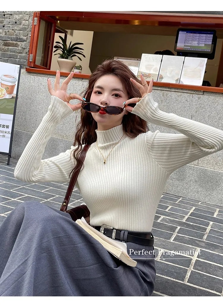 Chic Autumn Winter 2025 Pullovers Women Long Sleeve Casual Turtleneck Warm Basic Sweater Knit Jumpers Solid Color Slim Tops