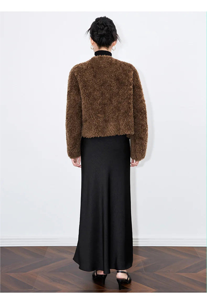 100% Wool Short Jackets for Women 2024 Autumn Winter V Neck Lamb Wool Coat Womens Clothing Fashion Outerwears Casaco Feminino