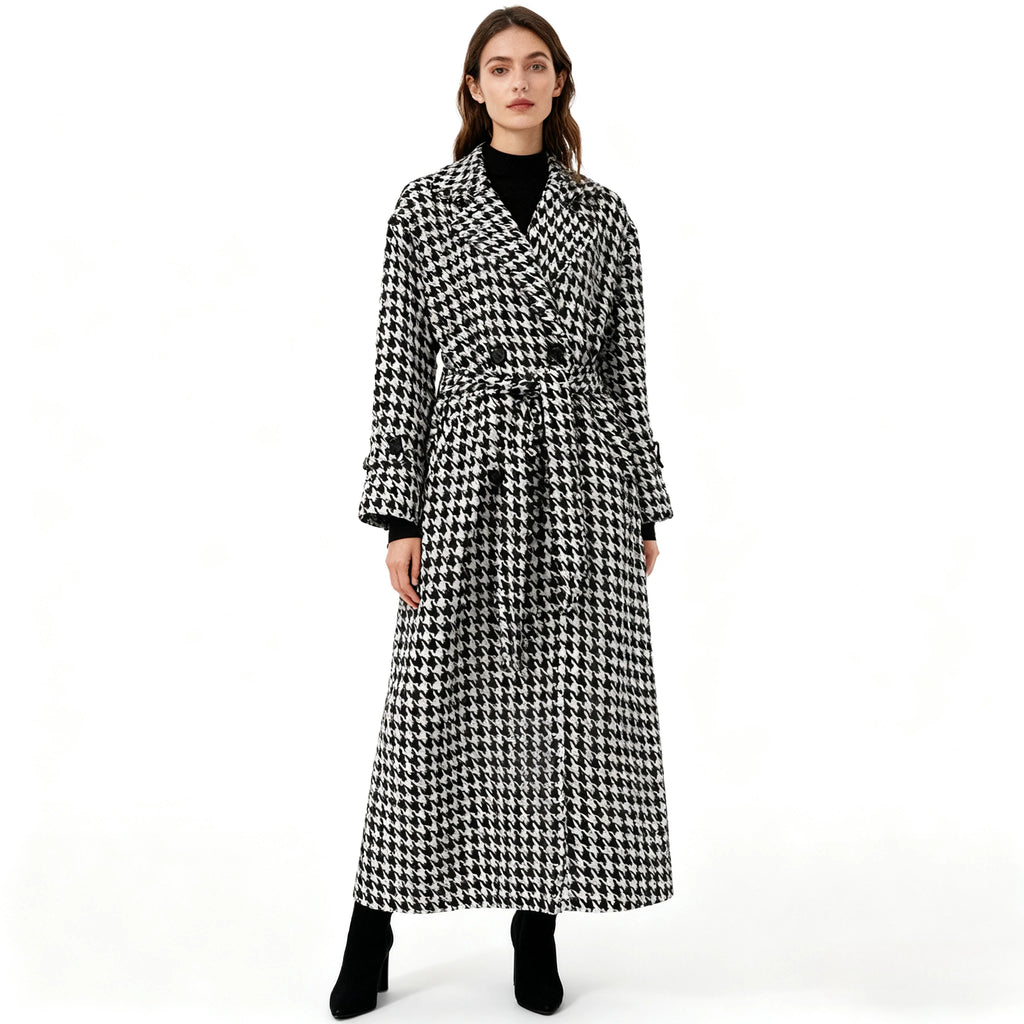 Long Coat Women Coats Work Turn Down Collar Houndstooth Thick Work Trench Streetwear Elegant Jackets Open Stith Autumn Winter