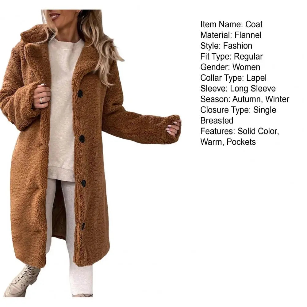 Trendy Women Overcoat Autumn Winter Women Trench Coat Long Style Pure Color Single-breasted Teddy Jacket  Windproof