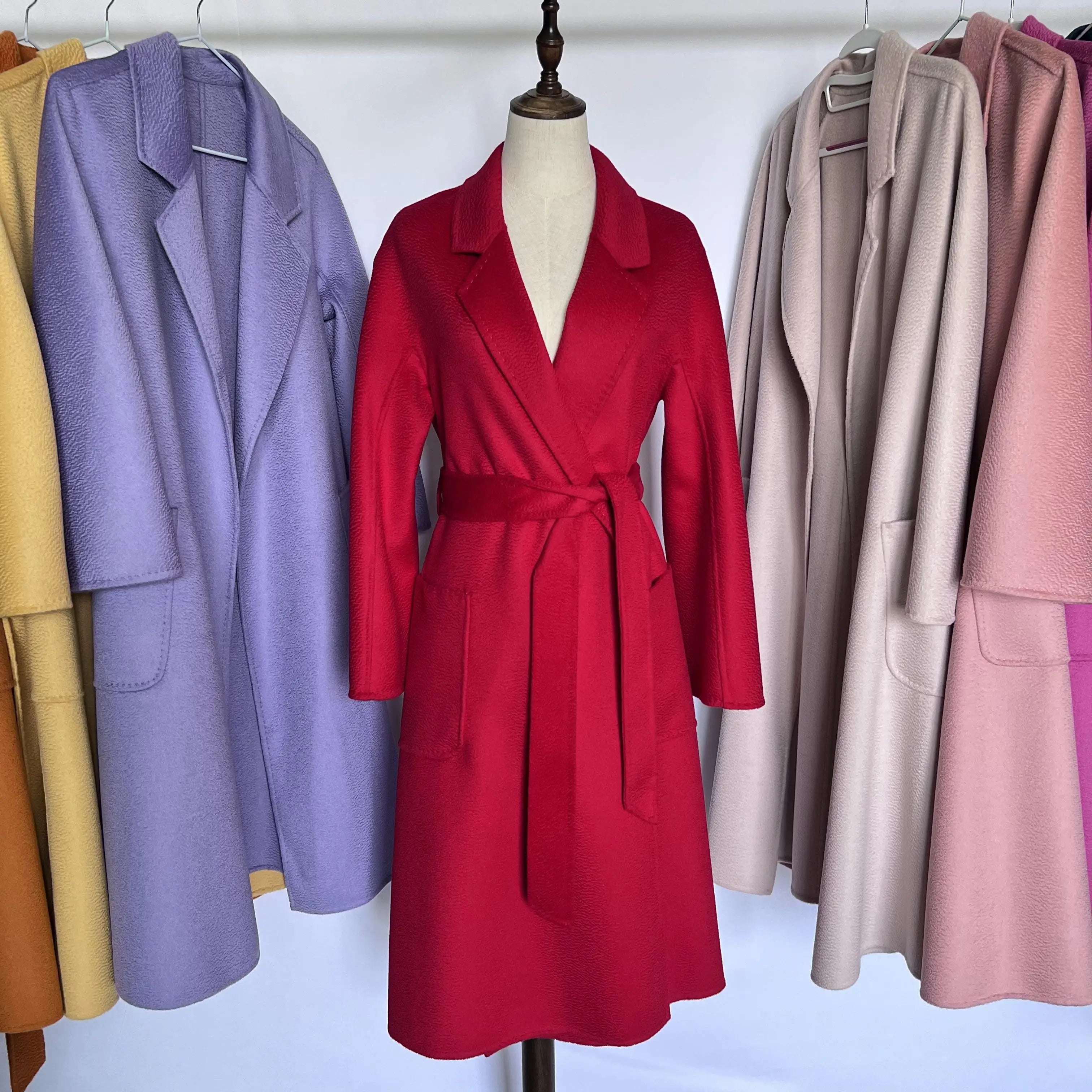 Cashmere Coat Female Winter Mid-Length Corrugated Coat Black Wool Coat Woman Autumn New Casual Fashion Red Beige Lace-Up Coat