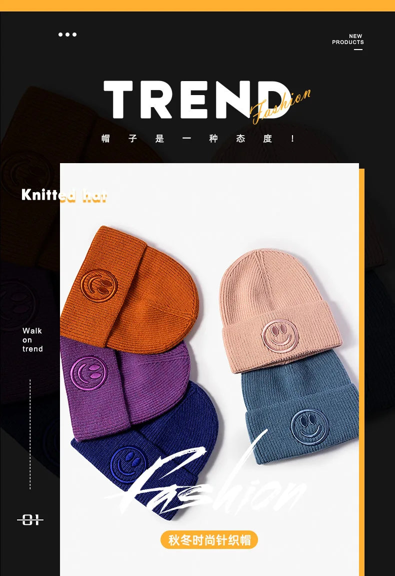 Wool hat female Korean versioncartoonsmiley face embroidered knittedautumn andwintermen'soutdoorwarm thickened brimless cold hat